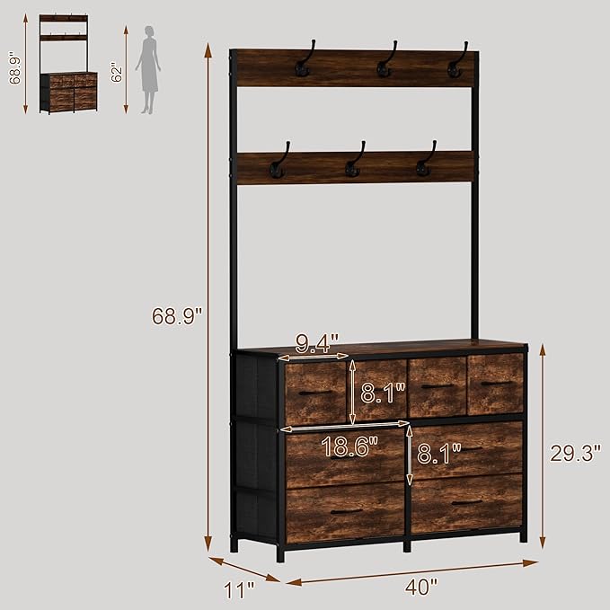 YKVIQBY 8 Drawer Dresser with 6 Double Hooks, 68.9" Tall Closet Organizer and Storage, Fabric Dresser for Bedroom, Nursery, Closet, Space-Saving Freestanding Storage Cabinet (Rustic Brown)