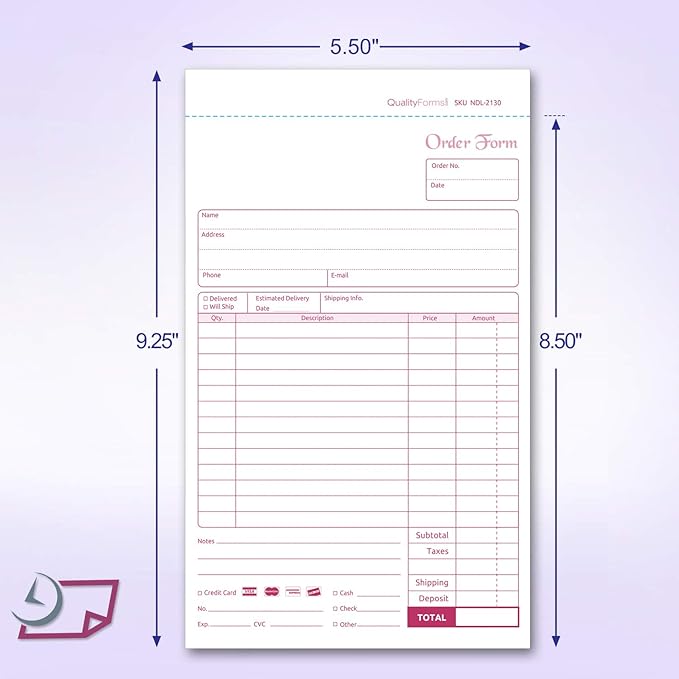 NextDayLabels - NCR Carbonless Order Forms, Bound Wraparound Cover, 50 Sets per Book. (5-1/2 x 8-1/2" - 2 Part)