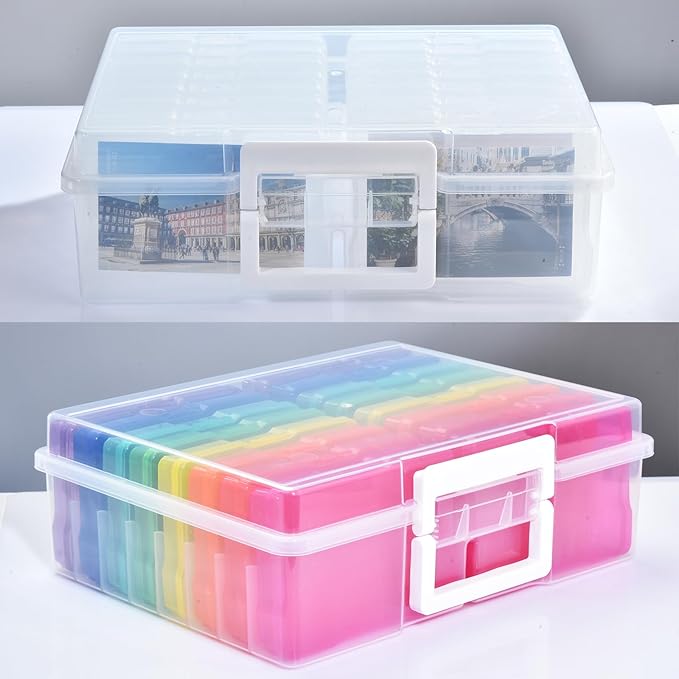 ALINK Photo Storage Box with Handle, 4" x 6" Photo Case Craft Keeper Organizer Container with 16 Inner Case and Label for Pictures, Arts, Crafts, Sewing, Stickers, Office Supplies - Clear