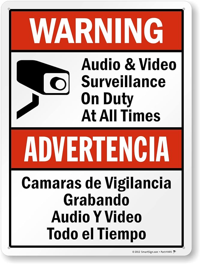 SmartSign 24 x 18 inch “Warning - Audio & Video Surveillance On Duty At All Times” Bilingual Sign, Digitally Printed, 55 mil HDPE Plastic, Red, Black and White, Made in USA
