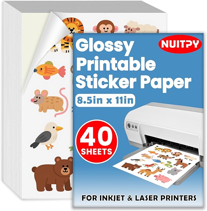 40 Sheets Glossy Sticker Paper, 8.5in x 11in Sticker Paper for Inkjet Printer, Self-adhesive Printable Sticker Papers, Vibrant Colors, Dries Quickly, US Letter Size