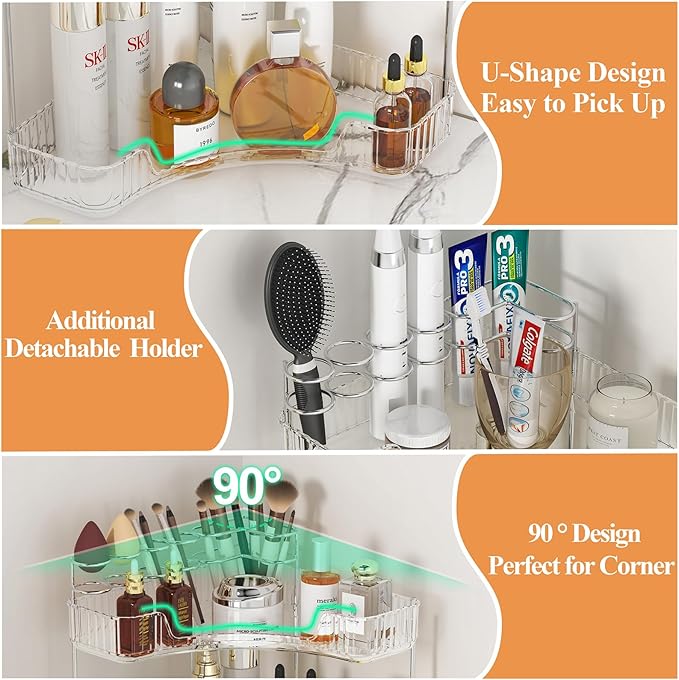SUNZOS 3-Tier Corner Bathroom Counter Organizer, Bathroom Organizer Countertop with Makeup Brush Holder, Vanity Makeup Cosmetic Storage, Corner Storage for Kitchen, Dresser