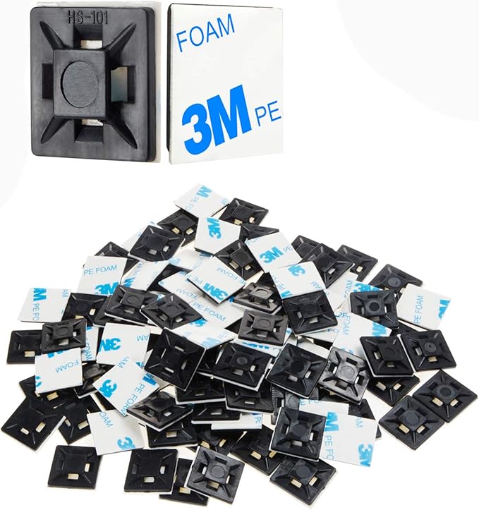 XHF 200 PCS 1/2" Black Self Adhesive Cable Zip Tie Mounts Wire Cable Clips Holders Management Anchors Organizer Holders Squares(HS-100)