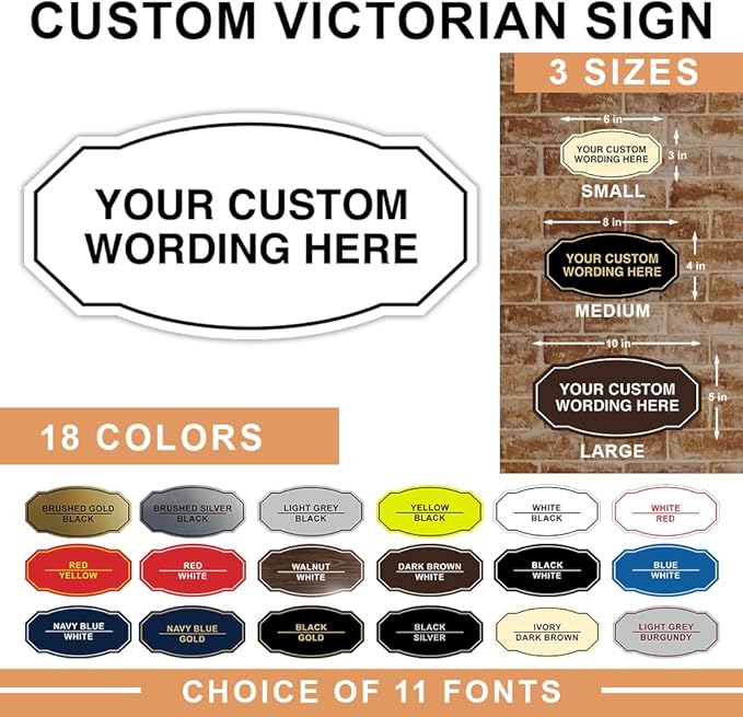 Custom Victorian Wall or Door Sign – Personalized Plastic Sign with Your Text – Easy to Install with Strong Double-Sided Tape – Indoor/Outdoor Use – Made in the USA
