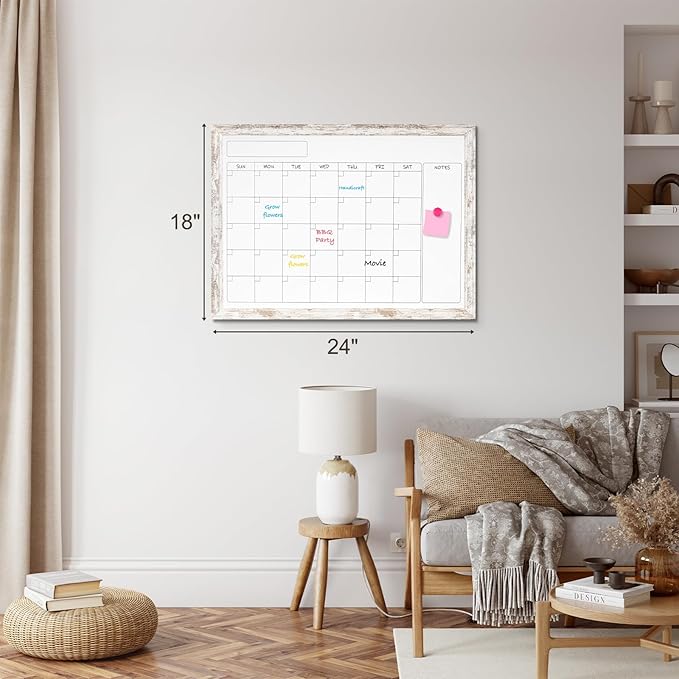Monthly Dry Erase Calendar Whiteboard for Wall, 24" x 18" Magnetic White Board Calendar Board - Rustic Vintage Wooden Frame