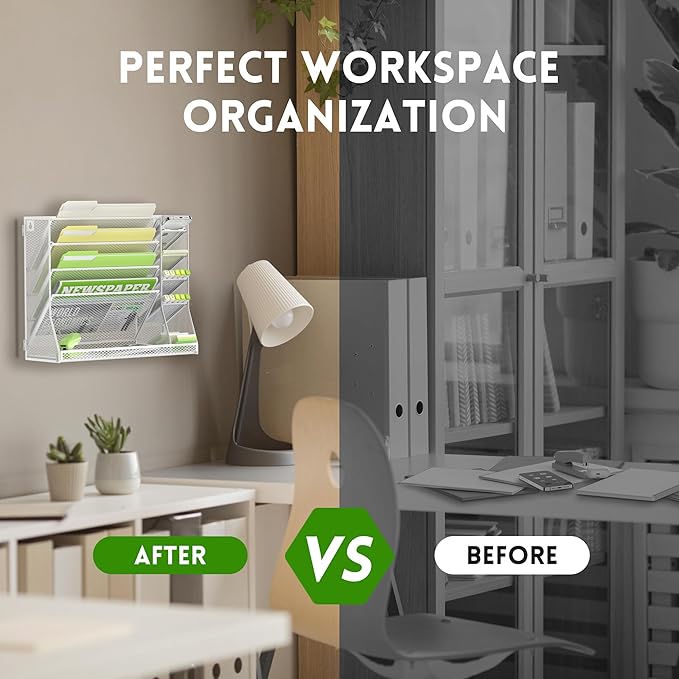 SUPEASY Wall File Organizer, 5-Tier office wall organizer with 4 Pen Holders, Wall Organizer for Office with R-shaped Bottom Tray, Metal Desk Organizer for Office, School, Home, White