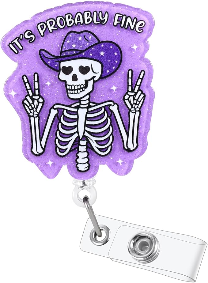 It's Probably Fine Funny Cowboy Skeleton Nurse Badge Reel, Cute Radiology X-ray Retractable ID Card Badge Holder, Name Tag Badge Clip for RN Nurse Nursing Student Radiologist Doctor Medical Workers