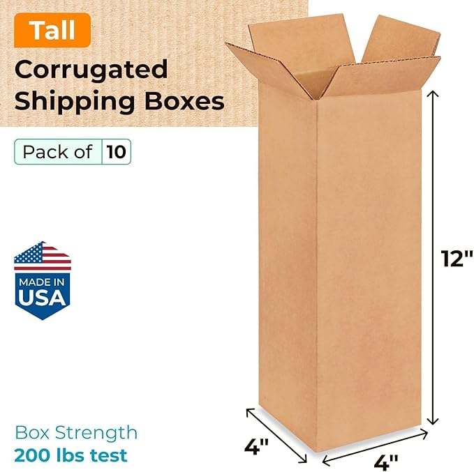 Tall Moving & Shipping Boxes 4x4x12 inches (10-Pack) - Extra Strength 200 lb vs Regular - Corrugated Moving Boxes for USPS/UPS/FEDEX - Cardboard Box - Eco Shipping Box by IDL Packaging