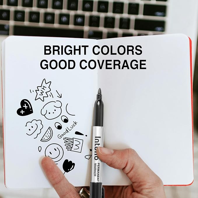 INTUNO Permanent Markers, 120 Count Black, Fine tip, Oil-Based Permanent Markers, Waterproof and Fade-Resistant, for Paper, Wood, Metal, Glass and More