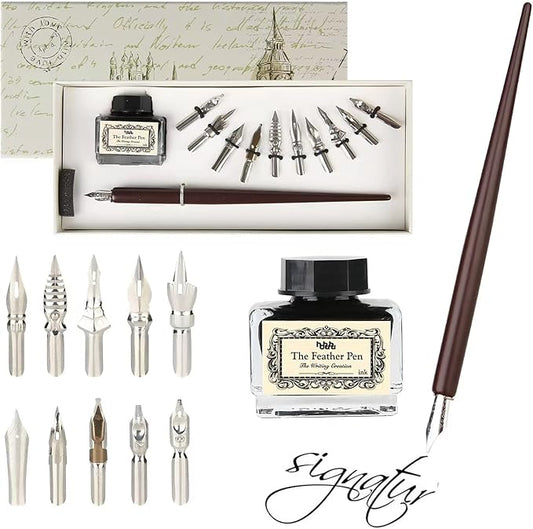 hhhouu Calligraphy Set for Beginners Quill Pen and Ink Set Fancy Pens with Black Ink and 11 Nibs for Lettering,Drawing, Journaling, Signing, Invitation HO-Q-301