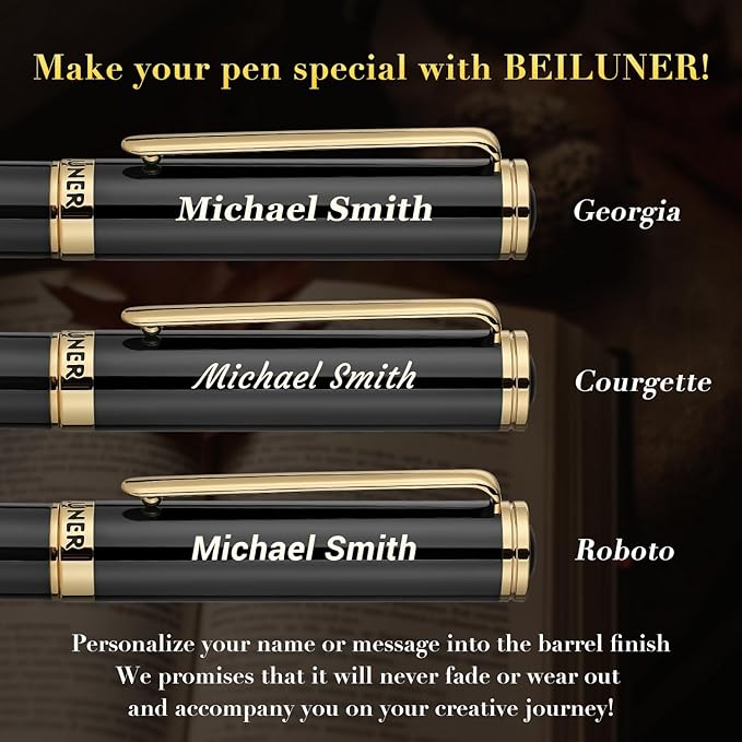 BEILUNER Black Personalized Fountain Pen,Stunning Luxury Lacquer,24K Gilded Nib(Fine),Gorgeous 24K Gold Finish, Ink Converter,Fancy Office Gift for Men&Women-Elegant, Graduation,Nice Pens for Writing