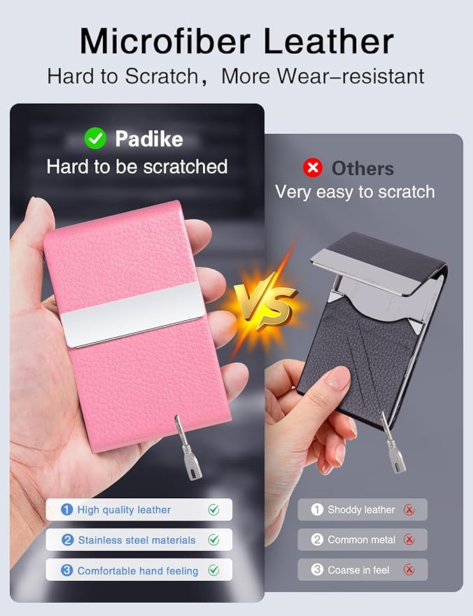 Padike Professional Business Card Holder PU Leather Business Card Case Name Card Holder Slim Metal Pocket Card Holder with Magnetic Shut (Pink)