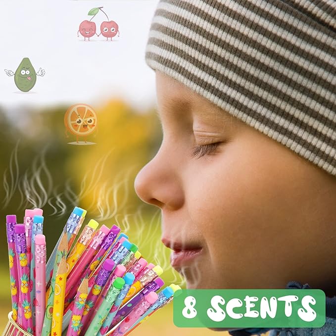 Leinuosen 30 Pcs Scented Pencils Bulk for Kids Inspirational Cute Fun Wood Smelly Pencils with Erasers Fruit Elements for School Classroom Office Students