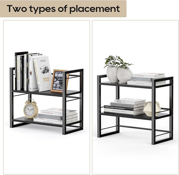 ART-GIFTREE Office Desk Shelf Organizer, Wood Desktop Bookshelf Supplies Storage Rack, Shelf for Top of Desk and Dresser (Pure Black-2 Tier)