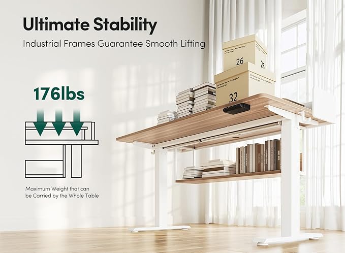 FEZIBO 55" Electric Standing Desk with Shelves, 55x24 Inches Sit Stand Rising Computer Desk with Monitor Shelf, Home Office Desks with Hook, Adjustable Height Stand Up Workstation Table, Light Walnut
