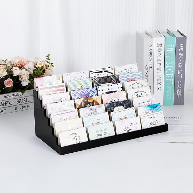 Vevitts Acrylic Business Card Holder for Desk Multiple Business Card Holders 28 Slot 7 Tier Large Business Card Organizer Business Card Display Rack Black Plastic Business Card Stand for Home Office