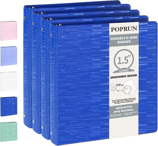 POPRUN 3 Ring Binder 1.5 Inch, PVC-Free, Holds 325 Sheets of 8.5 x 11 Paper, Extra Durable Organizer with 2 Pockets for School & Office, Heavy-Duty, 4 Pack, Prussian Blue