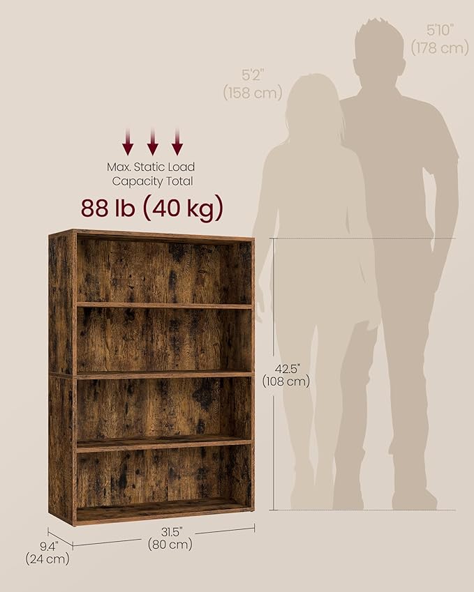 VASAGLE Custos Collection - Bookshelf, 4-Tier Bookcase, Book Shelf, Open Storage Shelf, 9.4 x 31.5 x 42.5 Inches, for Living Room, Home Office, Dining Room, Rustic Brown ULBC174K01