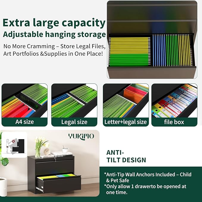 2 Drawer Lateral File Cabinet with Lock, Metal File Cabinets for Home Office, Office Furniture for Organization Hanging Legal/Letter/A4, Metal Filing Cabinet Storage Cabinet, Require Assembly, Black