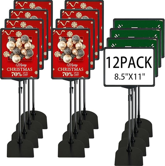 Sign Holder, 8.5 x 11 Inch Sign Stand with Adjustable Height Snap Open, Reusable Sign Stands for Display Advertising Business Signage, Vertical and Horizontal Two View Modes (Black, 12 Pack)