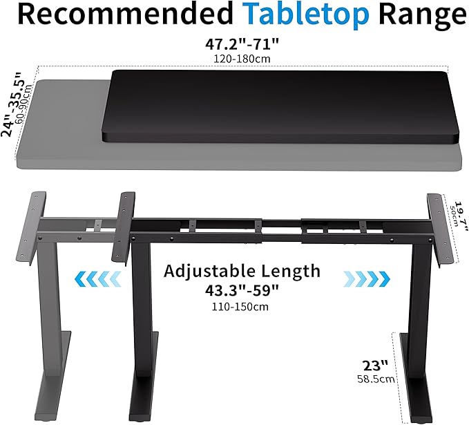 BIZUM Standing Desk Frame Dual Motor, Standing Desk Legs Up to 47.2", Computer Memory Desk Adjustable Table Legs with USB Ports for Home and Office, Black Frame Only