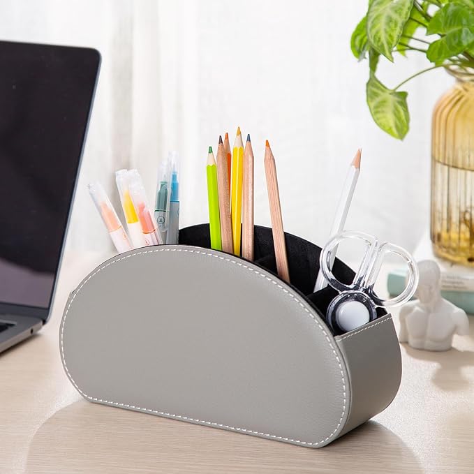BONNY DODO Remote Control Holders Organizer Box with 5 Compartment PU Leather Multi-functional Office Desk Storage Caddy Store Tv Remote for Media Player,Brush,Pencil,Glassees&Office Supplies (Gray)