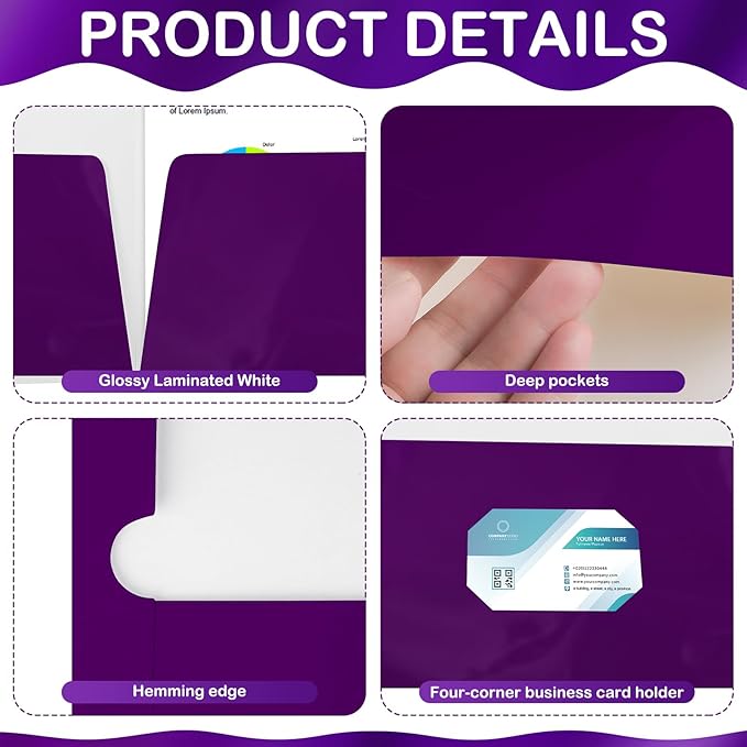 Yeaqee 200 Pack 2 Pockets Glossy Laminated Paper Folder First Day of School Presentation Folder Letter Size Two Pocket File Portfolio Holder Back to School Items Bulk for Teacher Office (Purple)