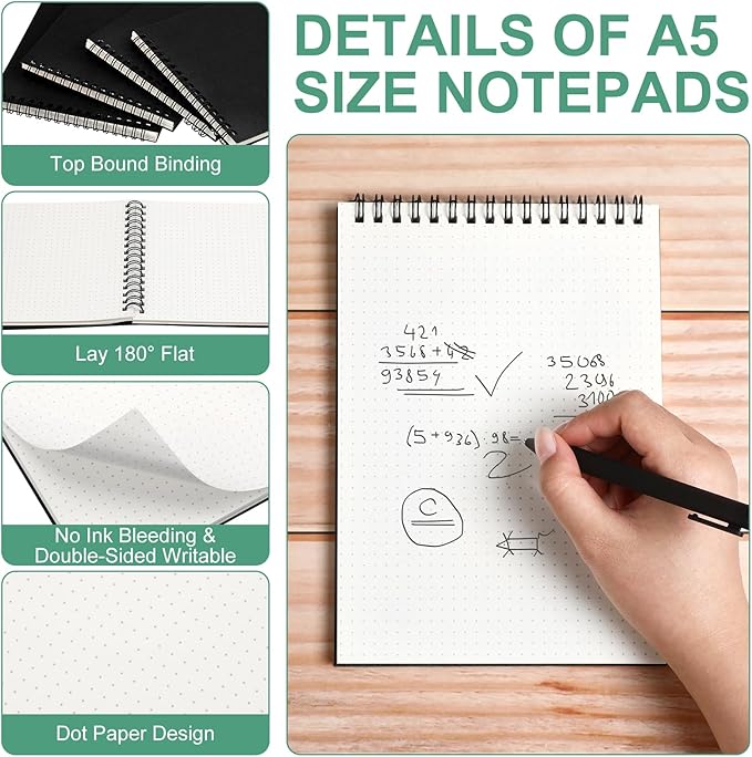 Engrowtic Dot Grid Notebook Top Spiral Notebook A5 Size Bullet Dotted Paper Hardcover Dot Journal 8.3''x 5.8'' 140 Pages Spiral Notepads for Sketching Drawing Writing School Office(Black,6 Pcs)