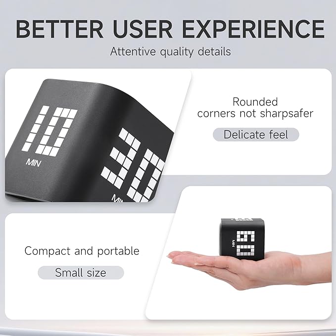 Rotating Productivity Timer 5, 10, 30, 60 Minutes Preset, Desk Cube w/Gravity Sensor for ADHD, Mute Functions, Ideal for Work, Study, Kitchen, Back to School (Black)