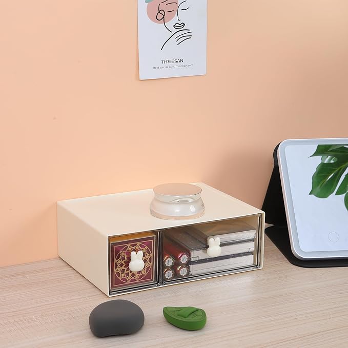 OSteed Desktop Drawers, Desk Organizer with 2 Drawers & Bunny Handles, Stackable Plastic Storage Box for Home Collection, Cosmetics, Office Supplies (1 Tall Layer, Cream & Clear)