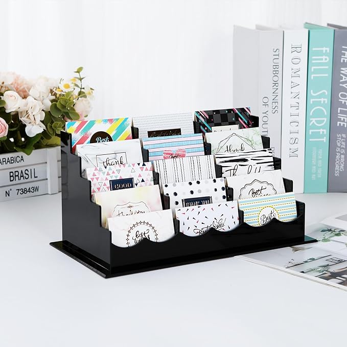 Vevitts Business Acrylic Card Holder Display for Desk, 15 Slots 5 Tiers Multiple-Black Acrylic Business Card Stand Set, Holds Approximately 750 Cards