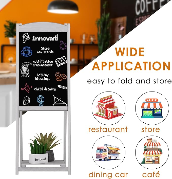 INNOVART Magnetic A-Frame Chalkboard Sign, Sidewalk Sign 45" x 17" With Display Shelf, Free Standing Easel for Restaurant, Business, Wedding or Events, White
