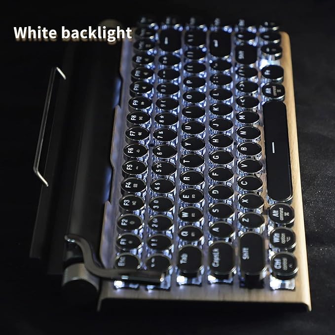 Adventurers Typewriter-Style Retro Mechanical Keyboard LED Backlight 83 Keys Bluetooth 5.0 Blue Axis Wood Color Panel Compatible with iOS/Android/Windows/Vista/Linux/Mac Office/Gaming, 12.8x6.6x1.6in