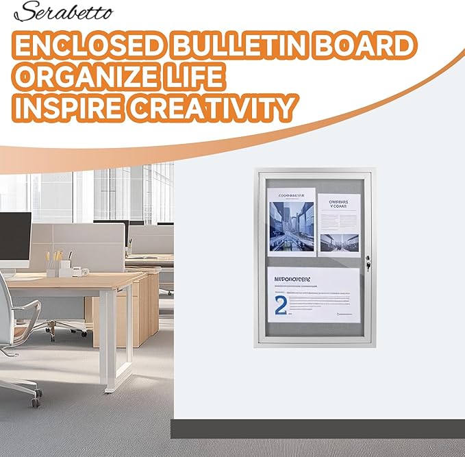 Enclosed Bulletin Board with Locking Door, Outdoor Bulletin Board Weatherproof, Lockable Display Case for Home, Office, and Community Use(23.6“L x 35.4" W Gray)