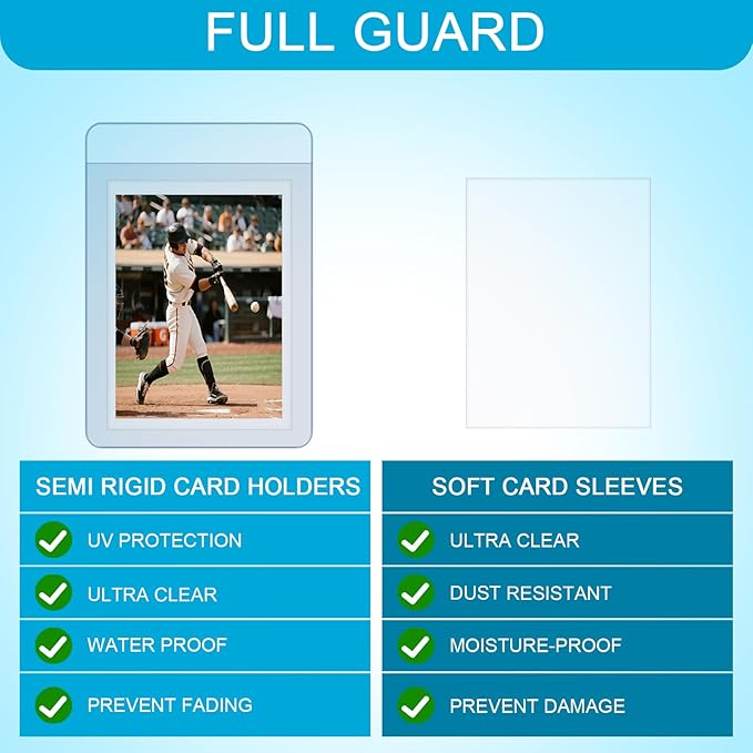 400ct Card Protectors - Includes 200ct Semi Rigid Card Holders & 200ct Soft Card Sleeves, Semi Rigid Baseball Cards Sleeves Protectors, Fits Graded Trading Cards, Semi Rigid Card Sleeve