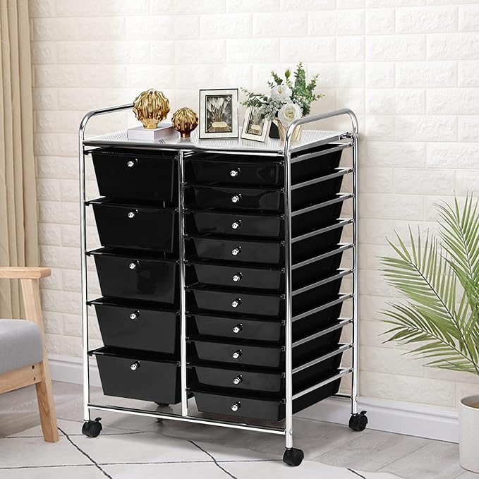 GLACER 15 Drawers Rolling Cart, Storage Cart with w/Removable Drawers & Steel Frame, Multipurpose Organizer Cart w/Sleek Handle, Utility Cart on Lockable Wheels for Home, School, Office (Black)