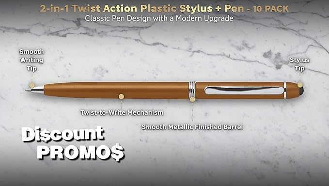 DISCOUNT PROMOS Twist Action Plastic Stylus Pens, Set of 10, Bulk Pack - Pens for Work, Cool Pens for Writing, Black Ink - Gold