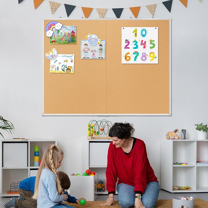 AMUSIGHT Double-Sided Large Cork Board, 60" x 40" Foldable Hanging Aluminum Framed Bulletin Board, Vision Board Pin Board Corkboards for Walls, Office, School Decor, 20 Pushpins