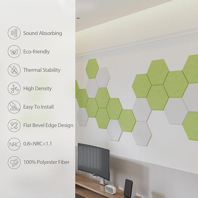 Amantech 12 Pack Acoustic Panels Self Adhesive Sound Proof Foam, High Density Sound Acoustic Foam Panel, 12 X 10.23 X 0.4 Inch Hexagon Wall Panels in Home,Office,Reccording Room,Studio (Fruit Green)