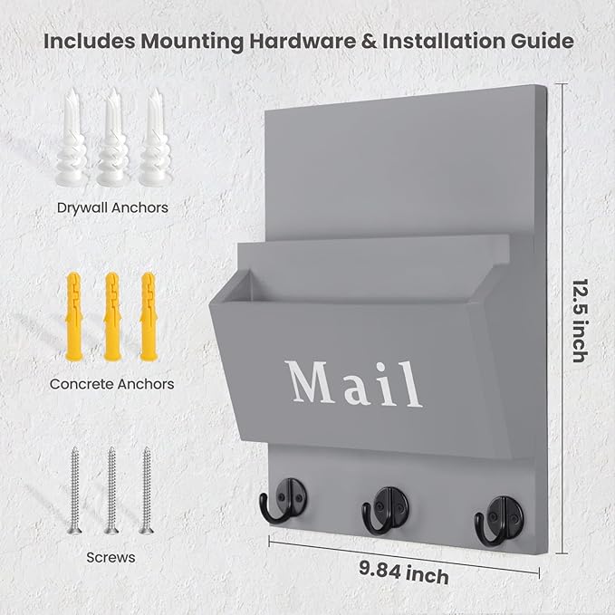 Lucundm Mail and Key Holder - Decorative 9.8" x 12.5" Wall Key Hanger with 2 Mail Organizer Slots and 3 Hooks - Real Paulownia Wood with Keyhole Brackets, Hardware and Instructions (Gray)