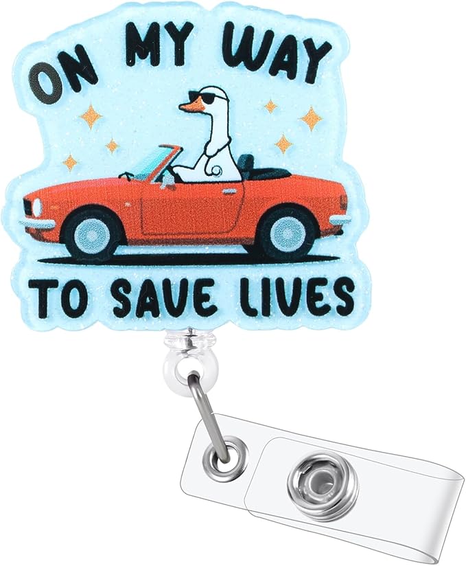 On My Way To Save Lives Funny Silly Goose Nurse Badge Reel, Cute Paramedic Retractable ID Card Badge Holder, Name Tag Badge Clip for RN ED/ER EMT CCM ICU NICU Nurse Nursing Student EMS Medical Workers