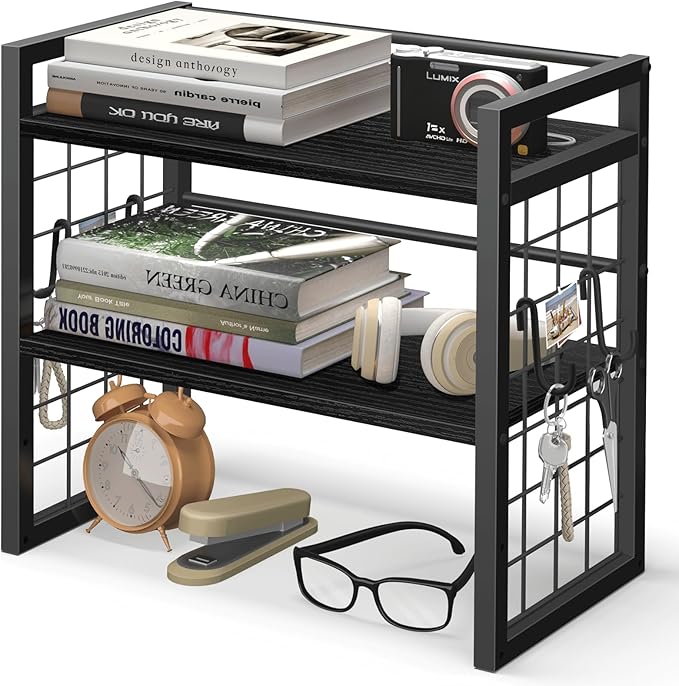 ELITEROO Desk Shelf Organizer, 2 Tier Desktop Bookshelf for Top of Desk Organization, Adjustable Wooden Storage Rack, Table Top Display Shelf for Home Office, Bedroom, Black