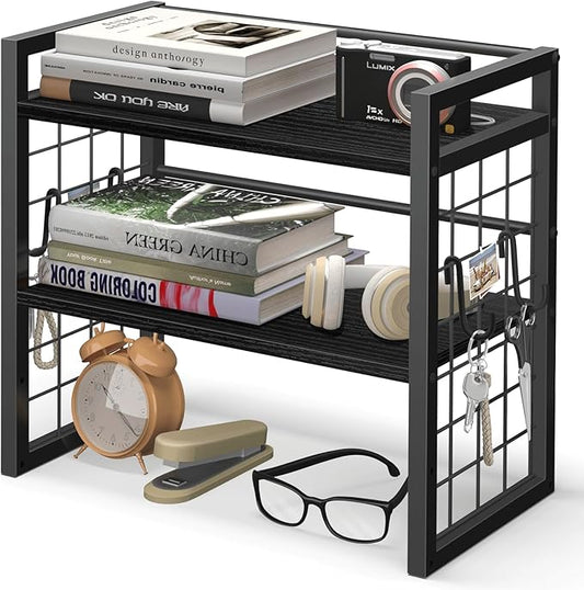 ELITEROO Desk Shelf Organizer, 2 Tier Desktop Bookshelf for Top of Desk Organization, Adjustable Wooden Storage Rack, Table Top Display Shelf for Home Office, Bedroom, Black