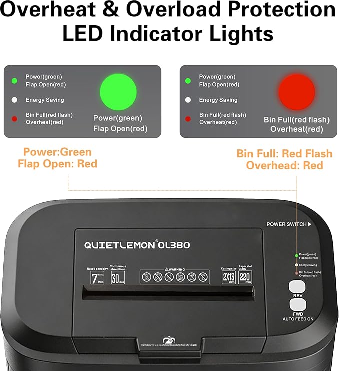 QUIETLEMON 250-Sheet Heavy Duty Paper Shredder Auto Feed, P-5 Security Level, 60Min Non Stop Commercial Shredder for Office Home, Micro Cut, 8.72 Gallon Bin, <60dB Quiet, Auto Anti-Jam (OL380)