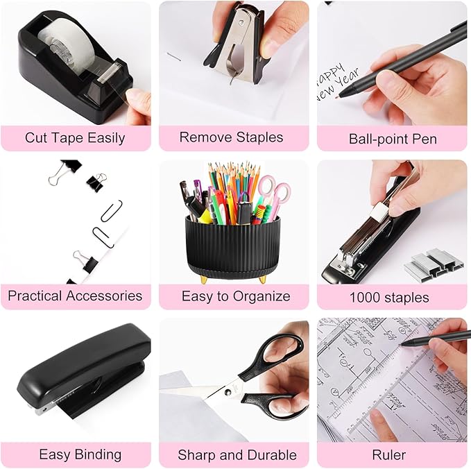 Gawsey Desk Organizers and Accessories Set with 360-Degree Rotating Pen Holder, Tape Dispenser, Stapler, Staple Remover, 1000 Staples, Tape, Clips Set, Ruler, Scissor, Pen
