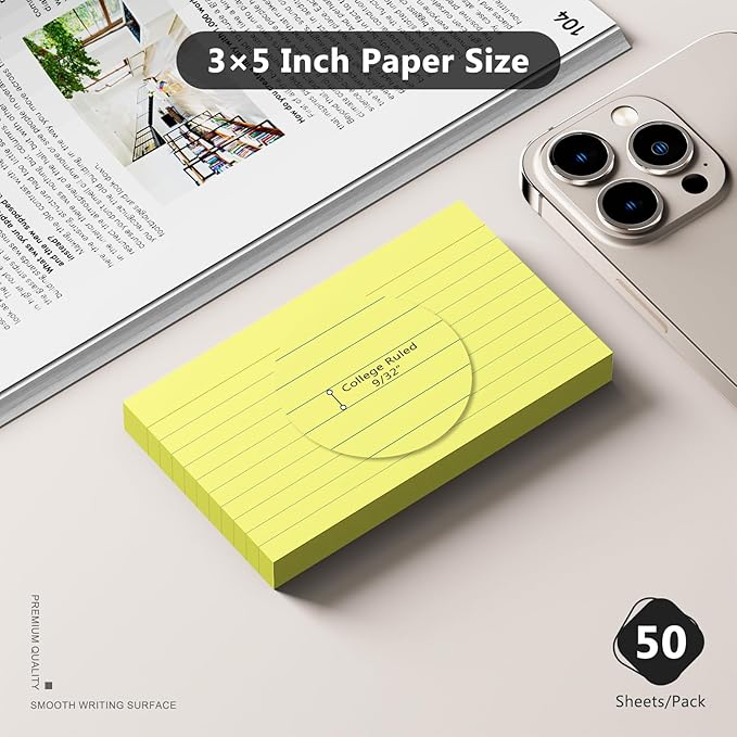 250 Count Index Cards 3 x 5 Inch, Heavyweight Yellow Lined Note Cards Portable Ruled Flash Cards Perfect for Studying and Organizing, Note Taking Study Flashcards for Home, School and Office