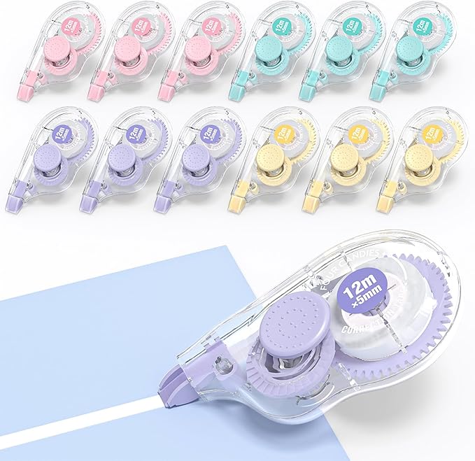 Four Candies White Correction Tape, 39.4 Feet, 12 Pack Easy to Use Applicator for Instant Corrections, Tear-Resistant, Smooth & Quick-Drying Tape for Office & School Supplies