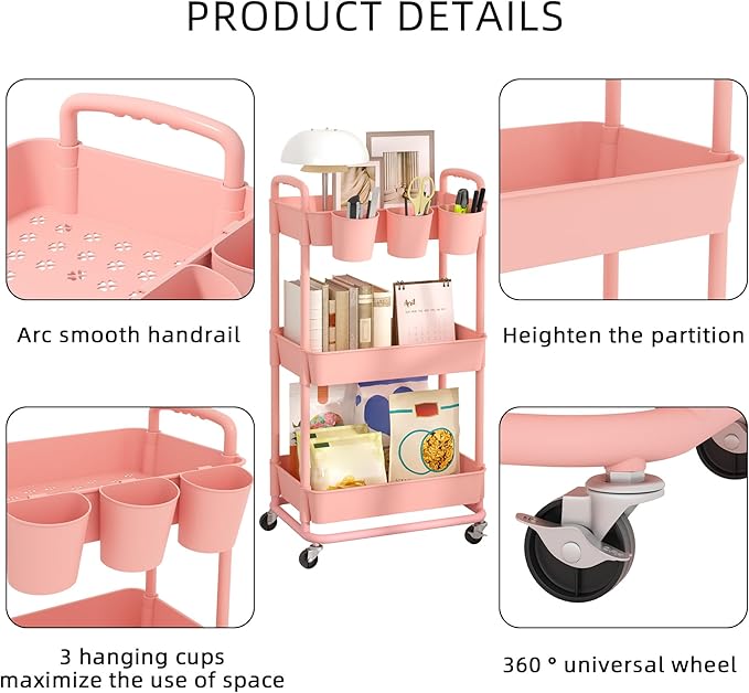 JIUYOTREE 3-Tier Plastic Rolling Storage Cart Utility Cart with Extra Hanging Cups Handles Lockable Wheels for Living Room Bathroom Kitchen Office Pink