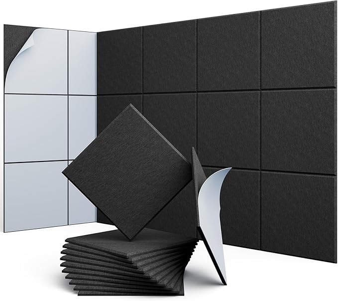 UNECHO 12 Pack 12" X 12" X 0.4" Acoustic Panels for Wall Sound Absorbing, Square Self-Adhesive Sound Panels, High Density Suitable for Multiple Scenarios(Black)