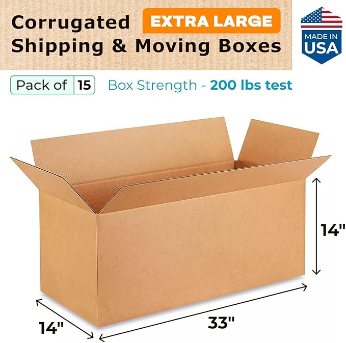 IDL Packaging B-331414-15 Large Corrugated Moving Boxes 33"L x 14”W x 14"H (Pack of 15) - Excellent Choice of Strong Packing Boxes for Moving or Relocating